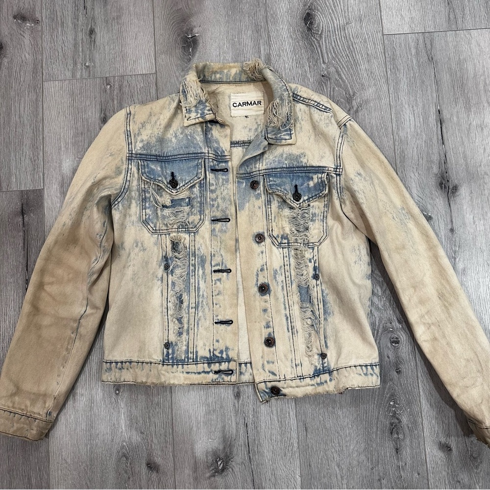 Carmar Acid Wash Distressed Y2K Ripped Denim Jacket 100% Cotton